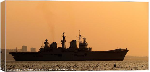 HMS Illustrious Leaving Liverpool at Sunset Canvas Print by John Wain