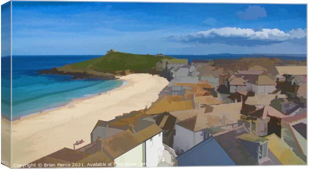 Porthmeor Beach and the Island, St Ives (Pen + Wat Canvas Print by Brian Pierce