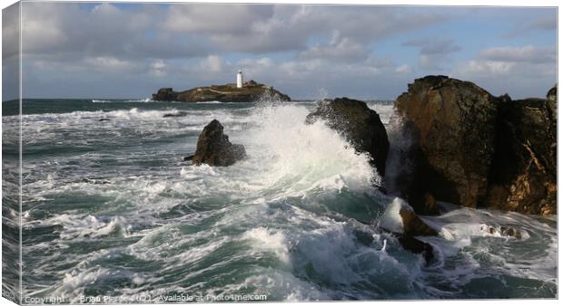 Waves Crashing on Rocks at Godrevy, St Ives Bay Canvas Print by Brian Pierce