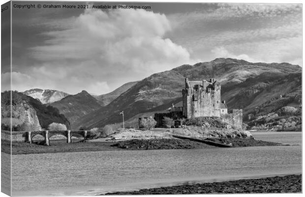 Eilean Donan Castle seen from the north monochrome Canvas Print by Graham Moore