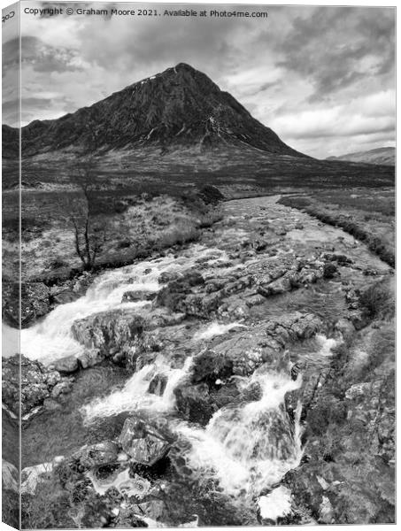 Buachaille Etive Mor and waterfall monochrome Canvas Print by Graham Moore