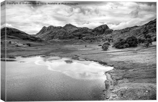 Blea Tarn the Langdale Pikes and Side Pike monochrome Canvas Print by Graham Moore
