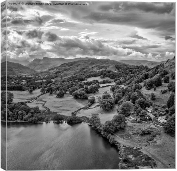 Loughrigg Tarn looking west towards the Langdale Pikes monochrom Canvas Print by Graham Moore