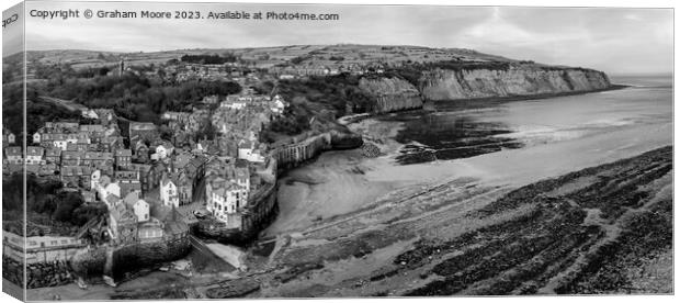 Robin Hoods Bay elevated view panorama monochrome Canvas Print by Graham Moore