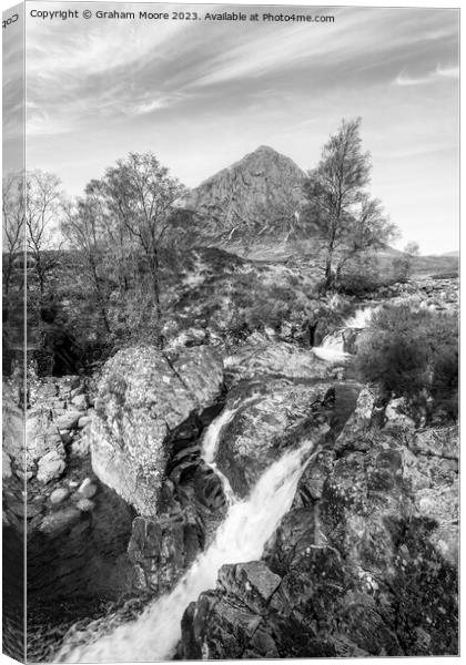 Buachaille Etive Mor and River Coupall falls monochrome Canvas Print by Graham Moore