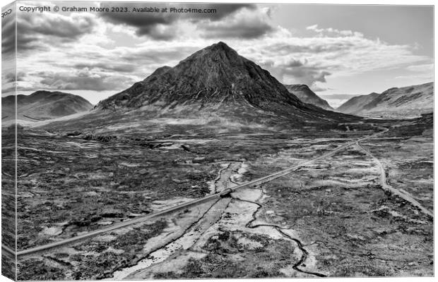 Buachaille Etive Mor and River Etive monochrome Canvas Print by Graham Moore