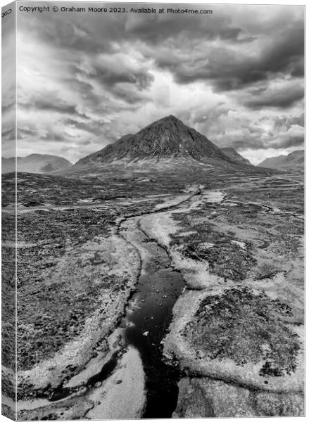 Buachaille Etive Mor and River Etive simulated sunset monochrome Canvas Print by Graham Moore
