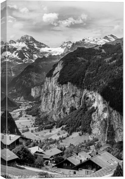 Lauterbrunnen valley and Breithorn monochrome Canvas Print by Graham Moore