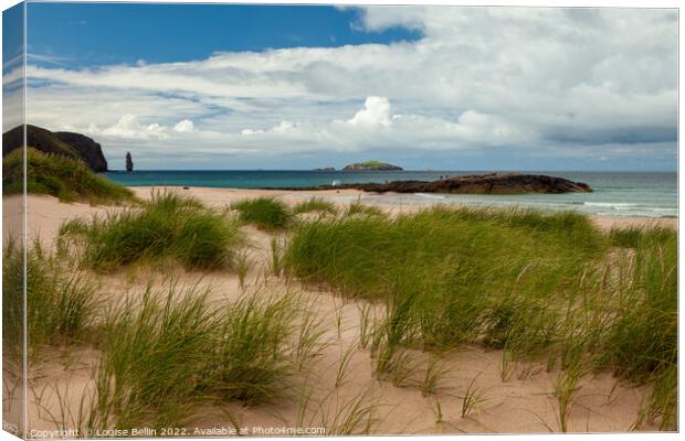 Sandwood Bay, Sutherland, Scotland looking from the sand dunes over the beach to the sea stack beyond Canvas Print by Louise Bellin