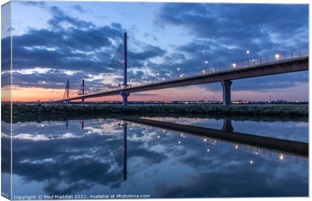 Mersey Gateway Bridge reflected in a pond Canvas Print by Paul Madden