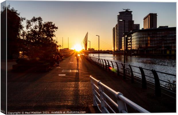 Setting sun at Salford Quays Canvas Print by Paul Madden