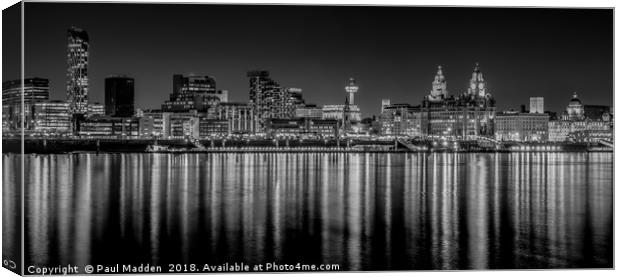 Liverpool skyline in the night Black and White Canvas Print by Paul Madden
