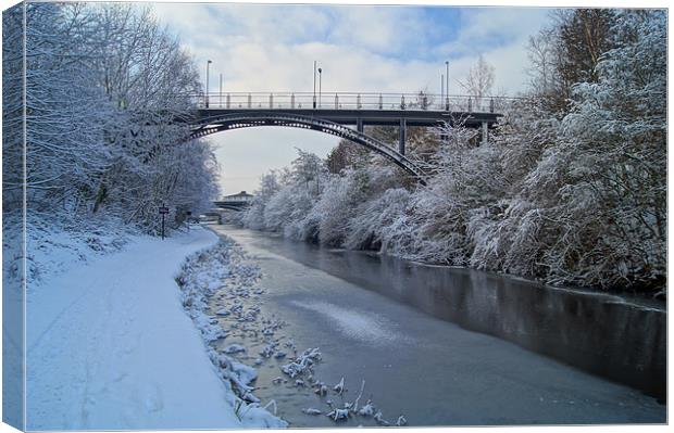 Bridge over frozen Sheffield Canal Canvas Print by Darren Galpin