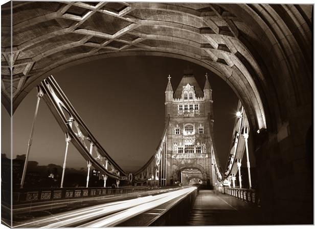 Tower Bridge London at Night, Sepia Toned Canvas Print by Darren Galpin
