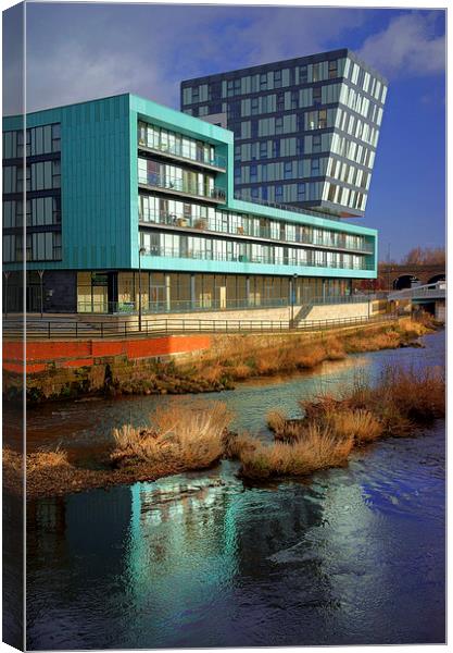 Modern Apartment Buildings next to River Don Canvas Print by Darren Galpin