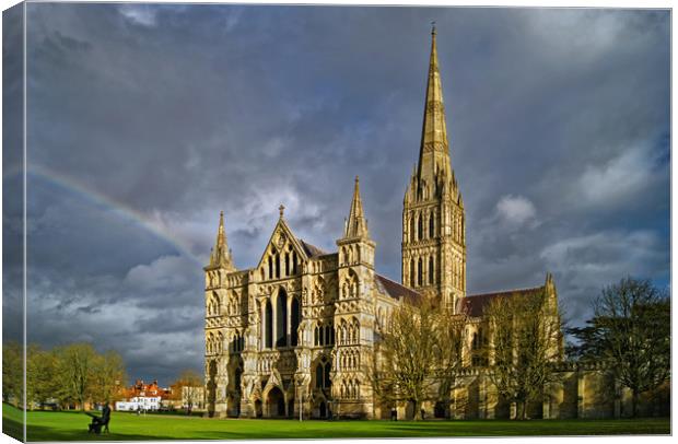 Salisbury Cathedral with Rainbow                   Canvas Print by Darren Galpin