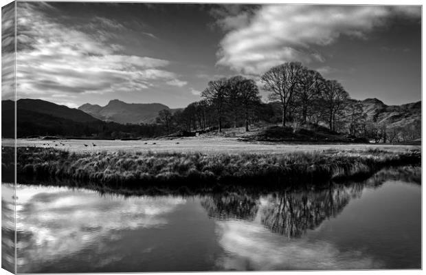 River Brathay Reflections in Mono                  Canvas Print by Darren Galpin