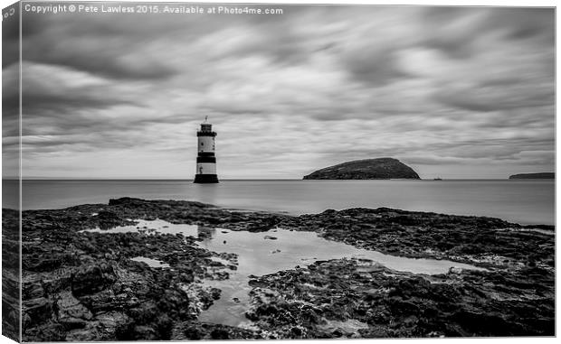  Moody Sky at Penmon Lighthouse mono Canvas Print by Pete Lawless