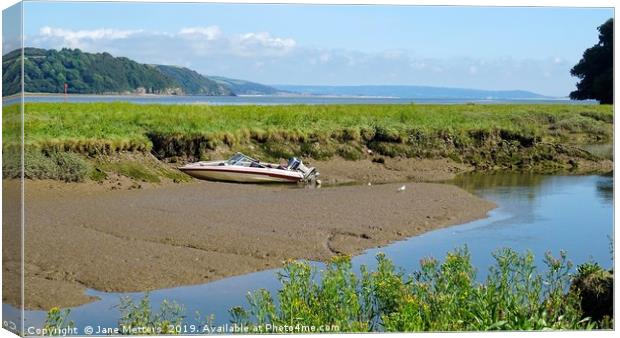 Low Tide at Laugharne Canvas Print by Jane Metters