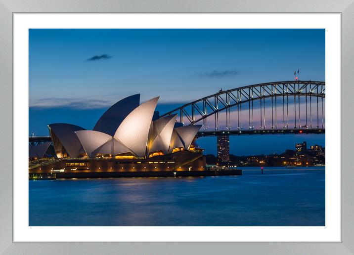 Buy Framed Mounted Prints of Sydney Opera House and Harbour bridge after sunset by Andrew Michael
