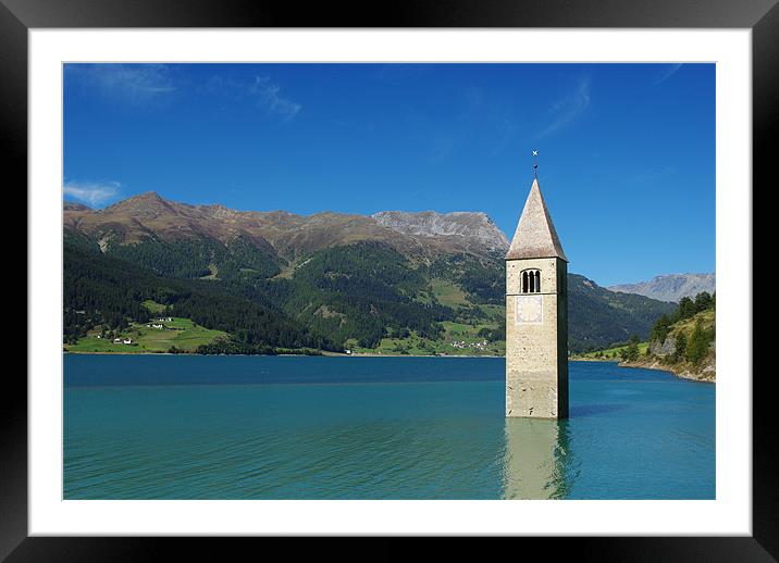 Tower of sunken church in Lago di Resia, Italy Framed Mounted Print by Claudio Del Luongo