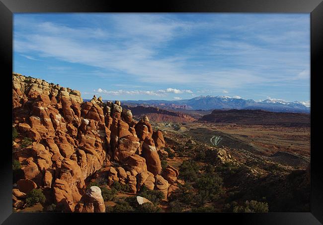 Rock towers and Manti La Sal Mountains, Utah Framed Print by Claudio Del Luongo