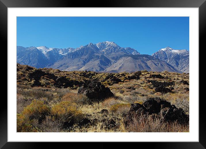 Lava and highest Sierra Nevada peaks, California Framed Mounted Print by Claudio Del Luongo