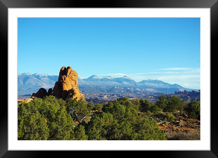 Rocks and Manti La Sal Mountain Framed Mounted Print by Claudio Del Luongo