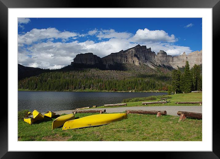 Yellow canoes and Brooks Lake, Wyoming Framed Mounted Print by Claudio Del Luongo