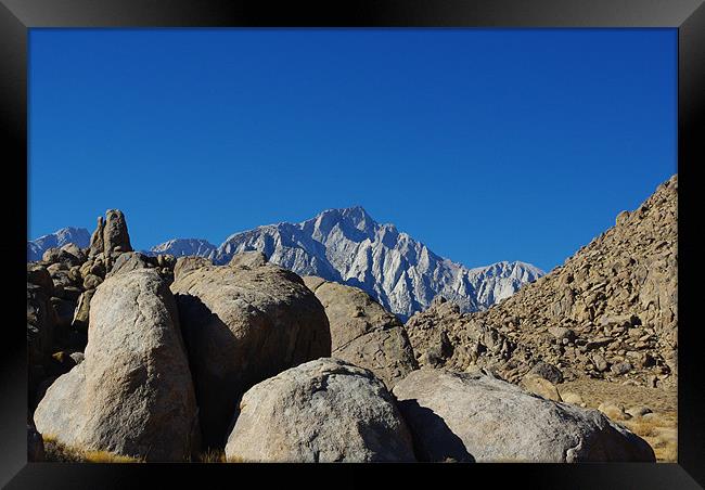 Rocks and highest Sierra Nevada peaks, California Framed Print by Claudio Del Luongo