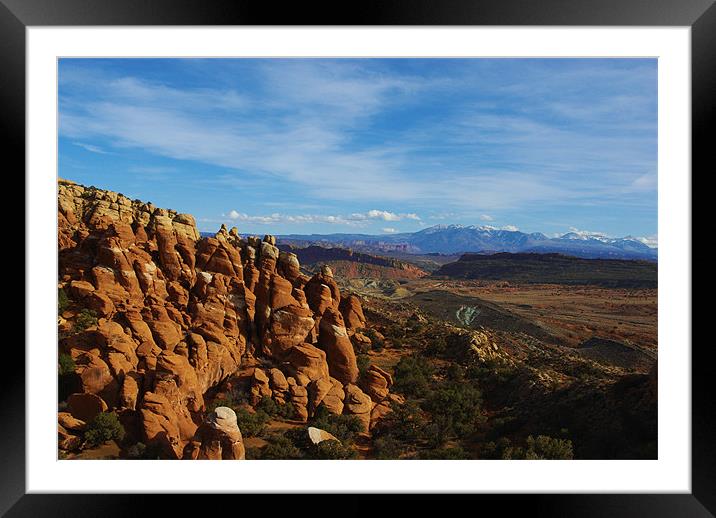 Rock towers and Manti La Sal Mountains, Utah Framed Mounted Print by Claudio Del Luongo