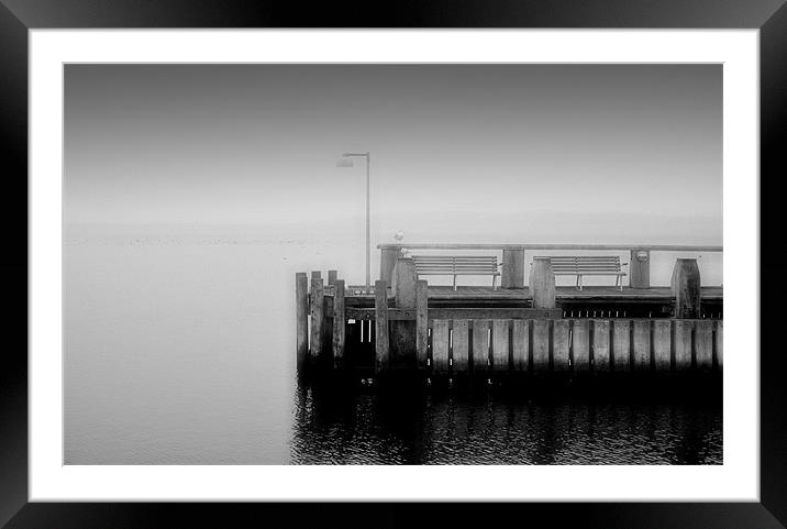 Two benches on a Pier Framed Mounted Print by Sophie Martin-Castex