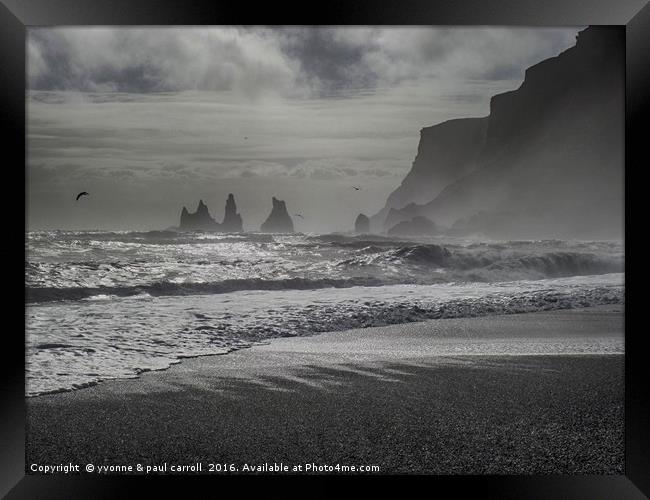 Sea stacks, Black sand beach, Vik, South Iceland Framed Print by yvonne & paul carroll