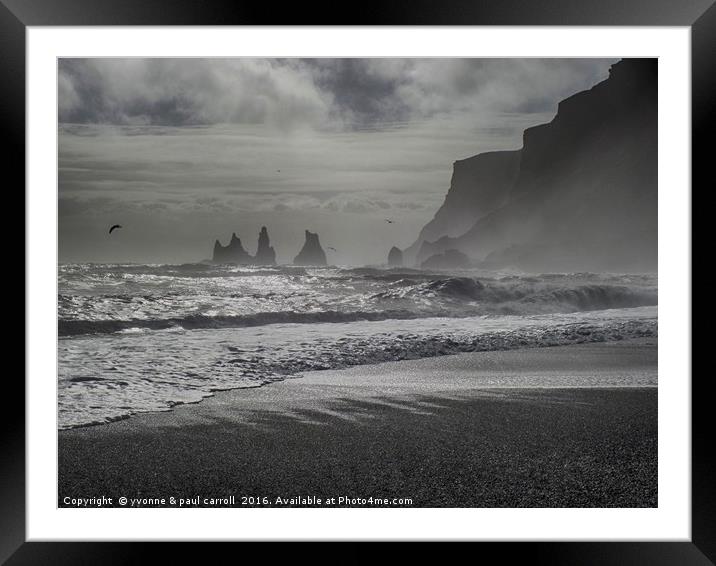 Sea stacks, Black sand beach, Vik, South Iceland Framed Mounted Print by yvonne & paul carroll