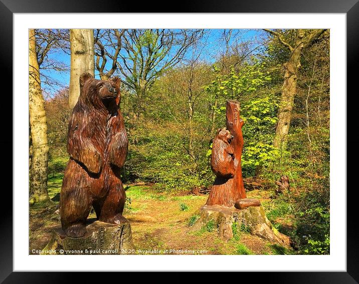 Wood carvings in Cairnhill Woods, Glasgow Framed Mounted Print by yvonne & paul carroll