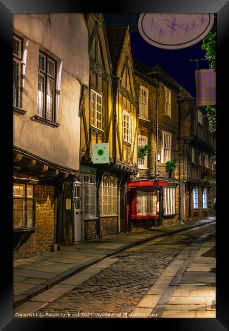 York cobbled street at night Framed Print by Susan Leonard