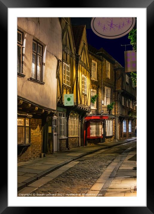 York cobbled street at night Framed Mounted Print by Susan Leonard
