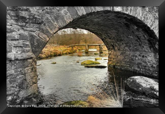 Clapper Bridge at Post Bridge on Dartmoor. Framed Print by Dave Bell