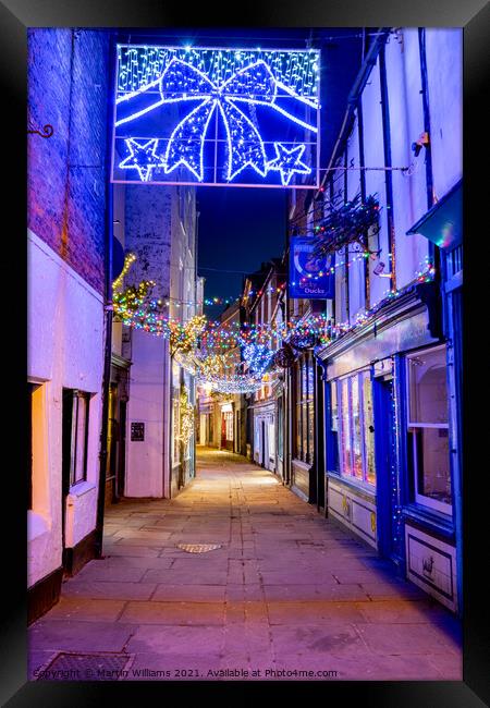 Christmas Lights in Sandgate street, Whitby, North Yorkshire Framed Print by Martin Williams