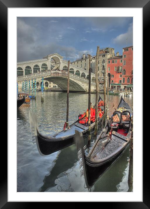 Venice Gondalos at Rialto Bridge Framed Mounted Print by Martin Williams