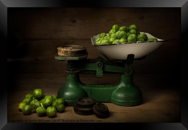 Brussel Sprouts on Weighing Scales Framed Print by Martin Williams