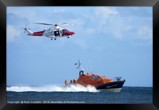 Sea rescue featuring coastguard helicopter and RNL Framed Print by Mark Campion