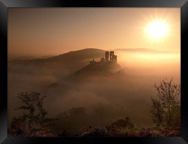 Misty Sunrise at Corfe Castle Framed Print by Andrew Bannister