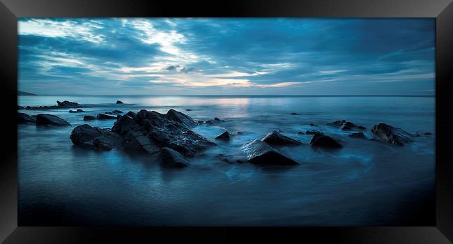 Saundersfoot beach rocks Framed Print by Simon West