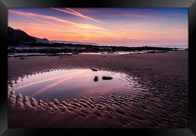  Amroth beach - Early morning reflections Framed Print by Simon West