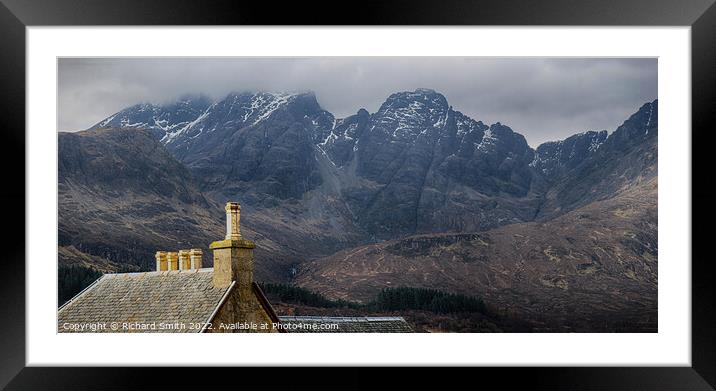 The roof and chimneys of the Torrin Outdoor Centre set against Blaven, brightened.  Framed Mounted Print by Richard Smith