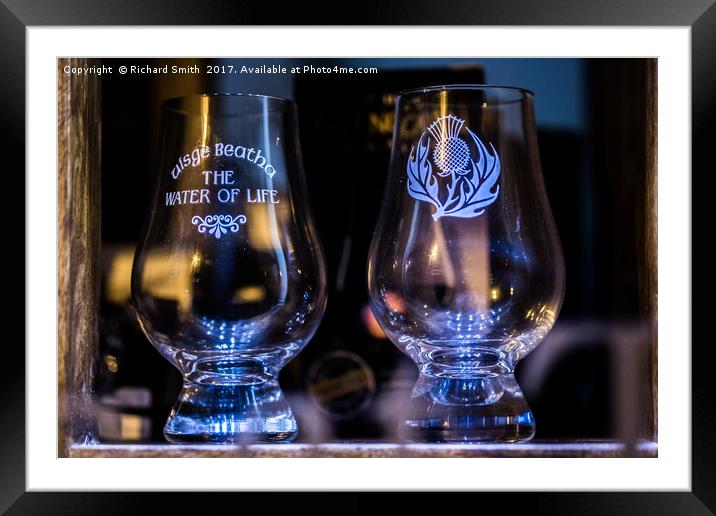 Whisky glasses in a Portree shop window Framed Mounted Print by Richard Smith