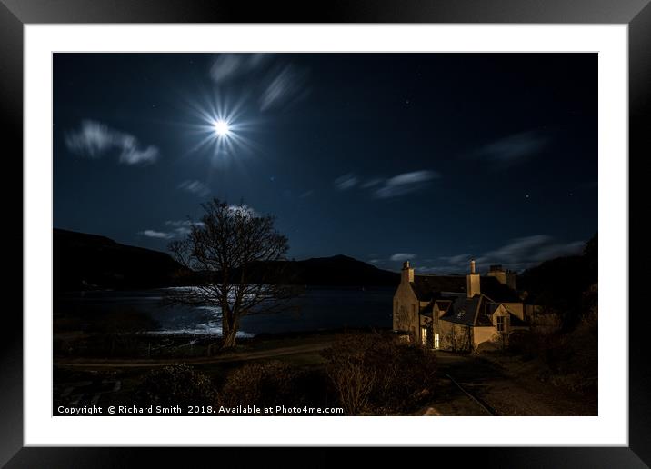 The moon over Loch Portree from a shore side house Framed Mounted Print by Richard Smith