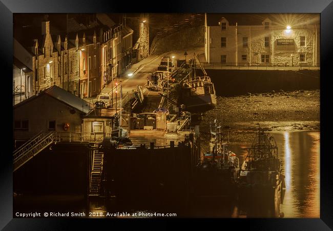 Fishing vessels moored to Portree quay at night Framed Print by Richard Smith