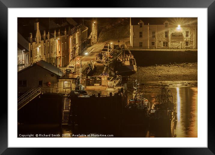 Fishing vessels moored to Portree quay at night Framed Mounted Print by Richard Smith